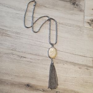 Estate Necklace Silver Tone Yellow Aurora Borealis Pendant Tassle 31 in